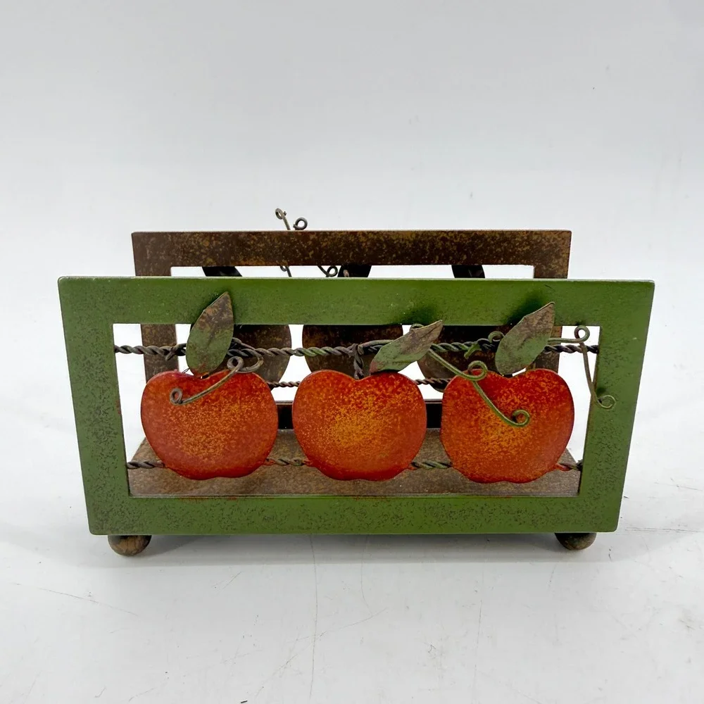Metal Napkin Holder VTG 80 90 Red Apple Rustic Farmhouse Decor 2 5/8